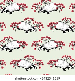 Vector seamless pattern with hand drawn badgers in thickets of blooming wildflowers. Ink drawing, graphic style. Beautiful animal design elements, perfect for prints and patterns. 