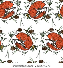 Vector seamless pattern with hand drawn sweet sleeping foxes in pine wreath. Beautiful animals design elements, ink drawing made in linocut style. Perfect for prints and patterns