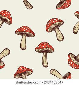 Vector Seamless Pattern with Hand Drawn Cartoon Mushrooms on a White Background. Amanita Muscaria, Fly Agaric Mushroom Design Template. Seamless Vegetable Print with Magic Mushroom