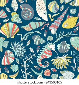 Vector seamless pattern with hand drawn fishes, corrals, shells, seaweeds, sea-horse and other underwater creatures. Ocean background. Tropical sea life design.