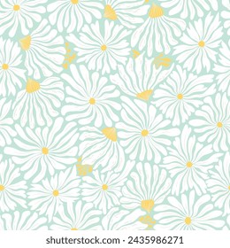Vector seamless pattern with hand drawn abstract flowers isolated on blue green background. Floral illustration template for fashion prints, fabric, wallpaper, card