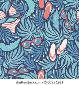 Vector seamless pattern with hand drawn abstract tropical plants and beach attributes isolated on blue background. Illustration template for fashion prints, fabric, wallpaper, card