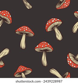 Vector Seamless Pattern with Hand Drawn Cartoon Mushrooms on a Black Background. Amanita Muscaria, Fly Agaric Mushroom Design Template. Seamless Vegetable Print with Magic Mushroom