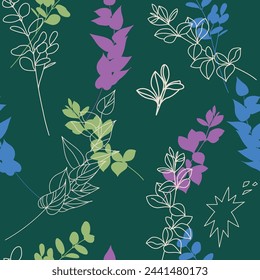 Vector seamless pattern. Hand drawn leaves on dark green background
