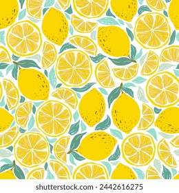 Vector patrón sin fisuras con limones abstractos dibujados a mano y hojas aisladas sobre fondo blanco. Plantilla de ilustración floral para estampados de moda, tela, papel pintado, tarjeta