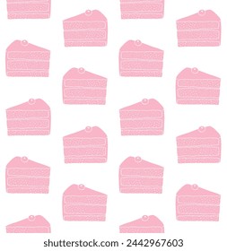 Vector seamless pattern of hand drawn doodle sketch pink cake piece isolated on white background