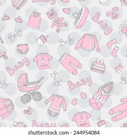 Vector seamless pattern with hand drawn symbols of newborn girl. Background for use in design, web site, packing, textile, fabric