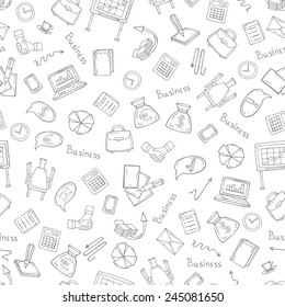 Vector seamless pattern with hand drawn business symbols. Background for use in design, web site, packing, textile, fabric