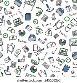 Vector seamless pattern with hand drawn business symbols on white background. Background for use in design, web site, packing, textile, fabric