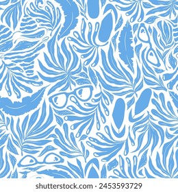 Vector seamless pattern with hand drawn abstract tropical plants and beach attributes isolated on white background. Illustration template for fashion prints, fabric, wallpaper, card