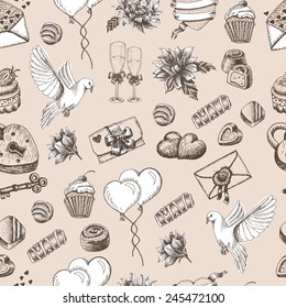 Vector seamless pattern with hand drawn wedding elements. Vector illustration for your design