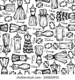 Vector seamless pattern with hand drawn fashionable and modern dresses on white background. Background for use in design, web site, packing, textile, fabric
