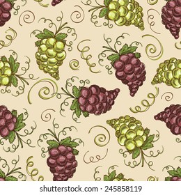 Vector seamless pattern with hand drawn grapes of different sorts on beige background. Background for use in design, web site, packing, textile, fabric