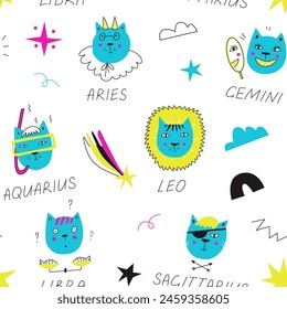 Vector seamless pattern with hand drawn cat zodiac signs on white background. Modern design for fabric and paper, surface textures. 
