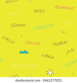 Vector seamless pattern with hand drawn horoscope signs lettering on yellow background. Modern design for fabric and paper, surface textures. 