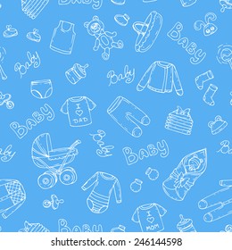 Vector seamless pattern with hand drawn symbols of newborn boy on blue background. Background for use in design, web site, packing, textile, fabric