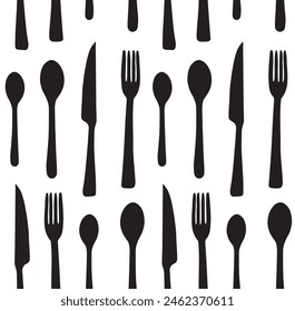 Vector seamless pattern of hand drawn cutlery silhouette isolated on white background