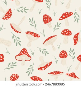 Vector Seamless Pattern with Hand Drawn Cartoon Fly Agaric Mushrooms. Amanita Muscaria, Fly Agaric Illustration, Mushrooms. Magic Mushroom Print, Design Template