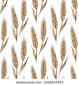 Vector Seamless Pattern with Hand Drawn Agriculture Wheat, Cereal Ears. Organic Wheat, Rice Ears. Grain Ear Design Template for Bread, Beer Packaging, Farming, Organic Food Concept