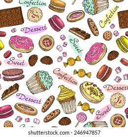 Vector seamless pattern with hand drawn confection on white background. Background for use in design, web site, packing, textile, fabric