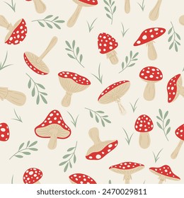 Vector Seamless Pattern with Hand Drawn Cartoon Fly Agaric Mushrooms. Amanita Muscaria, Fly Agaric Illustration, Mushrooms. Magic Mushroom Print, Design Template