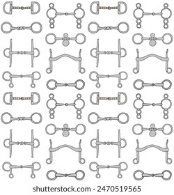 Vector seamless pattern of hand drawn sketch doodle colored horse equestrian bits isolated on white background