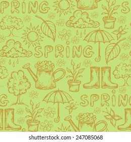 Vector seamless pattern with hand drawn symbols of spring on green background. Background for use in design, web site, packing, textile, fabric