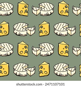 Vector seamless pattern with hand drawn gouda and brie cheese. Ink drawing, graphic style. Beautiful food design elements. Perfect for prints and patterns