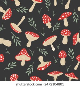 Vector Seamless Pattern with Hand Drawn Cartoon Fly Agaric Mushrooms. Amanita Muscaria, Fly Agaric Illustration, Mushrooms. Magic Mushroom Print, Design Template