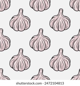 Vector Seamless Pattern with Hand Drawn Garlic Bulb on White Background. Vegetable Vector Illustration. Whole Garlic Head in Flat Style. Seasoning Spice and Food Design Element