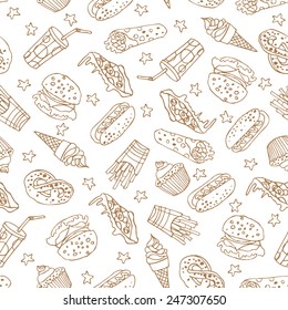 Vector seamless pattern with hand drawn  a soda, cheeseburger, french fries, ice cream, hotdog,  pizza, sweets, donut, popcorn, shawarma for fast food menu.