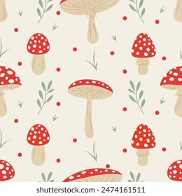 Vector Seamless Pattern with Hand Drawn Cartoon Fly Agaric Mushrooms. Amanita Muscaria, Fly Agaric Illustration, Mushrooms. Magic Mushroom Print, Design Template