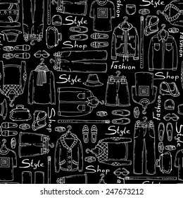 Vector seamless pattern with hand drawn and fashionable men's wear on black background. Background for use in design, web site, packing, textile, fabric