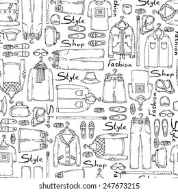 Vector seamless pattern with hand drawn and fashionable men's wear on white background. Background for use in design, web site, packing, textile, fabric