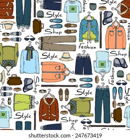 Vector seamless pattern with hand drawn and fashionable men's wear. Background for use in design, web site, packing, textile, fabric