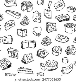 Vector seamless pattern with hand drawn cheese cuts. Ink drawing, graphic style. Beautiful food design elements. Perfect for prints and patterns