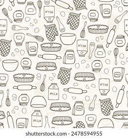 Patrón sin fisuras de Vector con alimentos dibujados a mano y artículos de cocina en estilo doodle sobre fondo beige. Para tela, textil de cocina, toalla de impresión, cubierta de libro de cocina, diseño de embalaje, etiquetas de Plantilla.