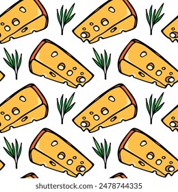 Vector seamless pattern with hand drawn pieces of delicious cheese with rosemary twigs. Ink drawing, graphic style. Beautiful food design elements. Perfect for prints and patterns