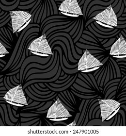 Vector seamless pattern with hand drawn sail boats on abstract background. Black and white.