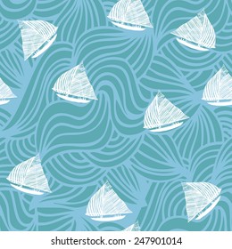 Vector seamless pattern with hand drawn sail boats on abstract background.