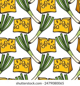 Vector seamless pattern with hand drawn pieces of delicious cheese with fresh leek. Ink drawing, graphic style. Beautiful food design elements. Perfect for prints and patterns