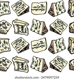 Vector seamless pattern with hand drawn French blue cheeses cuts. Ink drawing, graphic style. Beautiful food design elements. Perfect for prints and patterns