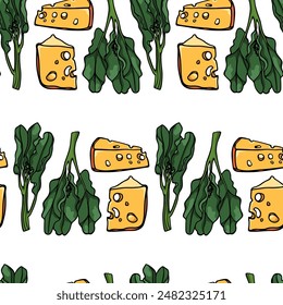 Vector seamless pattern with hand drawn pieces of delicious cheese with Asian greens. Ink drawing, graphic style. Beautiful food design elements. Perfect for prints and patterns