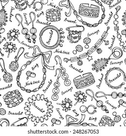 Vector seamless pattern with hand drawn and fashionable jewelry on white background. Background for use in design, web site, packing, textile, fabric