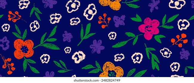 Vector seamless pattern with  hand drawn  multicolored flowers and leaves. Ink drawing flowers and leaves, small branches Monochrome artistic botanical cliparts.  Flower silhouettes painted with brush