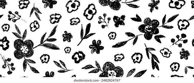 Vector seamless pattern with  hand drawn flowers and leaves. Ink drawing flowers and leaves, small branches. Monochrome artistic botanical cliparts.  Flower silhouettes painted with brush