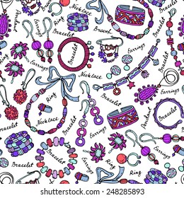 Vector seamless pattern with hand drawn and fashionable jewelry. Background for use in design, web site, packing, textile, fabric