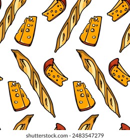 Vector seamless pattern with hand drawn fresh baguette and cuts of delicious cheese. Ink drawing, graphic style. Beautiful food design elements. Perfect for prints and patterns