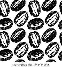 Vector seamless pattern with hand drawn traditional German sesame buns. Ink drawing, heavy graphic style. Beautiful food or bakery design elements, perfect for prints and patterns