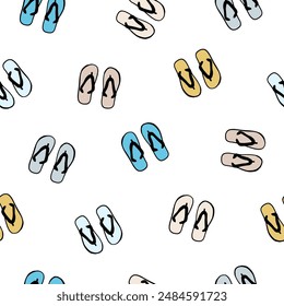 Vector seamless pattern with hand drawn colorful flip-flops on white background